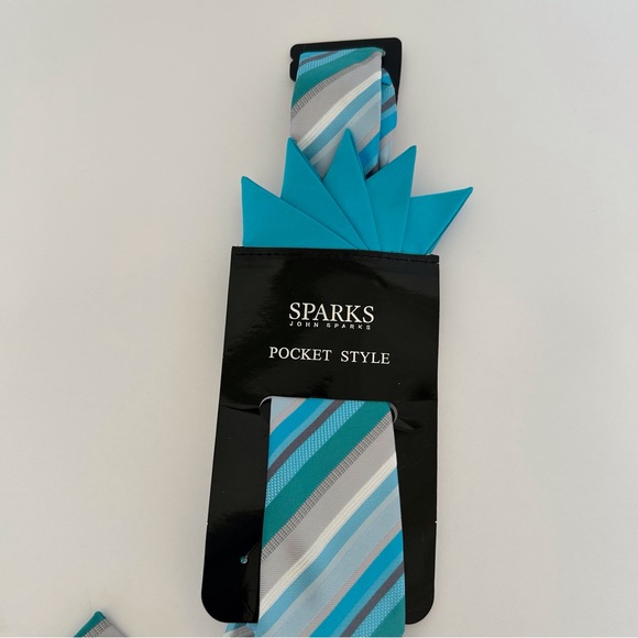 JOHN SPARKS MULTICOLORED STRIPED NECKTIE, POCKET SQUARE AND TIE CHAIN NWT - Picture 3 of 14